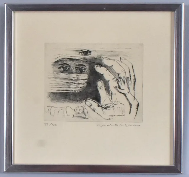 AXEL OLSON. etsning, surrealistisk komposition.