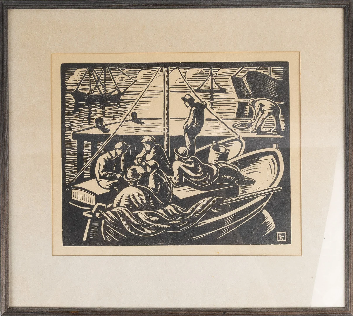 ESTER ALMQVIST. "Fiskare i middagsvila", träsnitt, monogramsignerad i tryck. — Engravings & Prints — Stockholms Auktionsverk Helsingborg