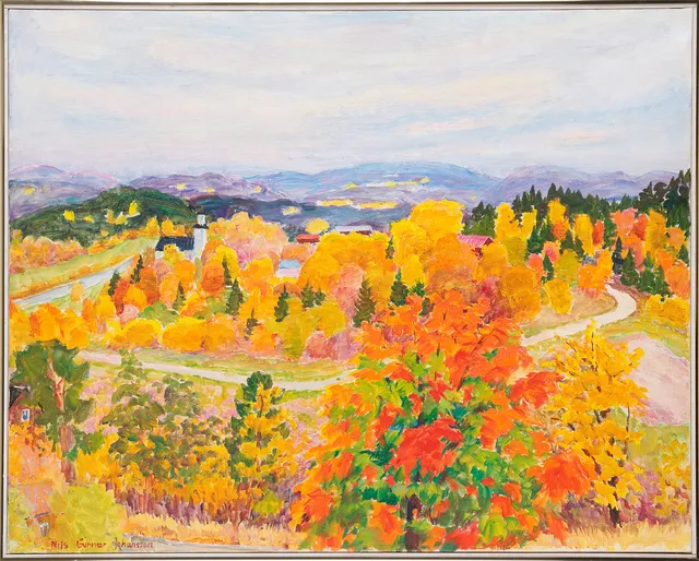 NILS GUNNAR JOHANSSON (1916-1996): Höstlandskap med kyrka, oljemålning på duk, signerad Nils Gunnar Johansson.