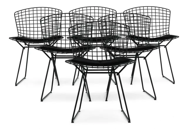 Set of six chairs in black lacquered metal. Seat upholstered in black fabric. Model 420C. Designed 1953. Manufactured by Knoll. (6)