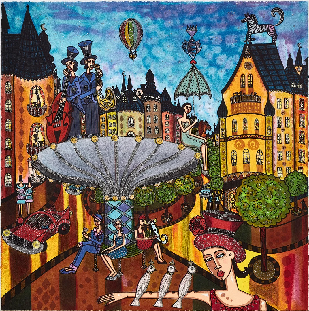 ANGELICA WIIK. "Svampen. En mötesplats på nattensamt ett skydd för dagen", ur mappen "Stockholmsdrömmar", färglitografi med glitterapplikationer. — Engravings & Prints — Stockholms Auktionsverk Magasin 5
