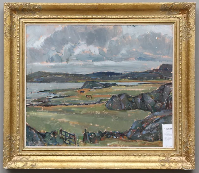 WALDEMAR NYSTRÖM. Skärgårdslandskap med betande hästar. Olja på pannå. Signerad och daterad 1952.