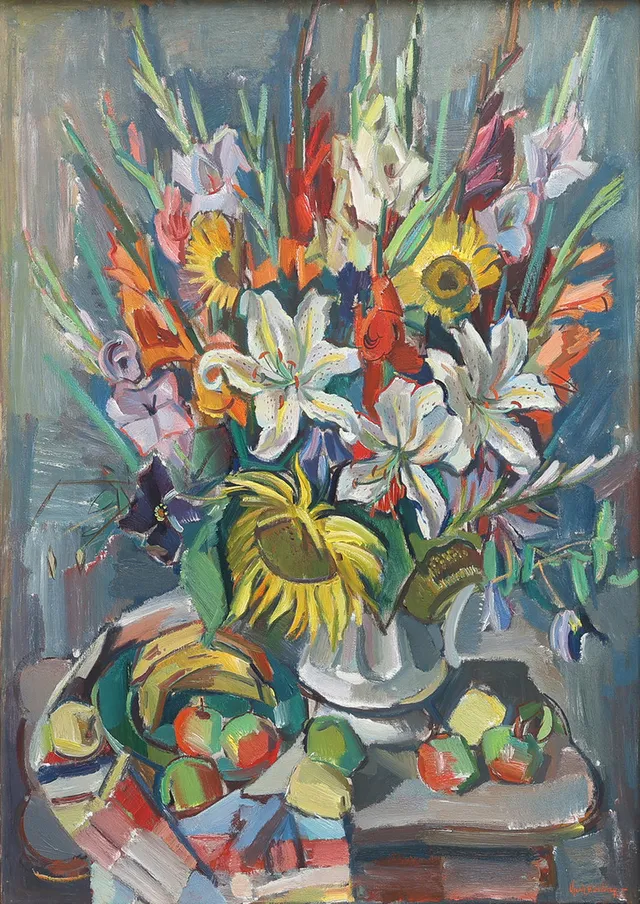 GERHARD WIHLBORG. BLOMSTERSTILLEBEN MED GLADIOLUS, LILJOR OCH SOLROSOR.