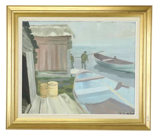 HJALMAR GRAHN. Olja på pannå, Hamn, signerad.
