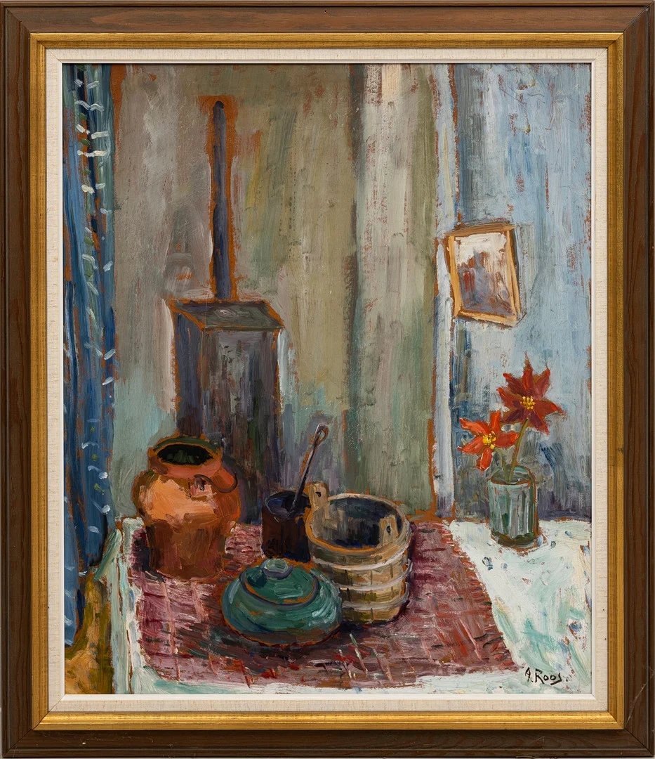 ALEXANDER ROOS. Olja på pannå, Stilleben med husgeråd, signerad, A.Roos. — Paintings — Auktionshuset Kolonn