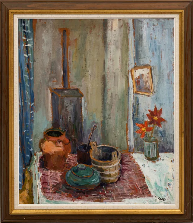 ALEXANDER ROOS. Olja på pannå, Stilleben med husgeråd, signerad, A.Roos.