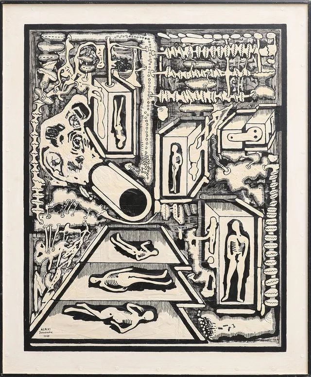 ALBERT JOHANSSON. AKRYL OCH BLANDTEKNIK PÅ PANNÅ, "BIOKEMISK OBSERVANS IX", SIGNERAD OCH DATERAD 1967.