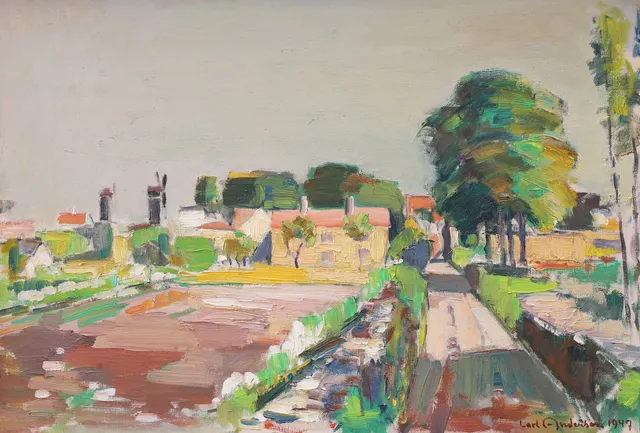 CARL ANDERSON. "Bondgård Vickleby Öland 1947", olja på pannå, signerad.