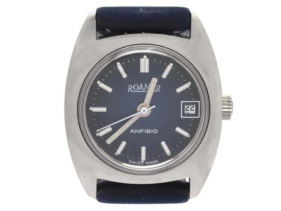 ROAMER, Anfibio, Boett nr. 488-1120.008, damur, 23 mm, stål, manuell, plexiglas, datum, läderband, originalspänne i vitmetall, ca 1970. — Klockor/Roamer — Kaplans