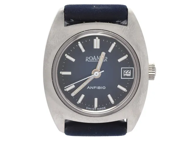 ROAMER, Anfibio, Boett nr. 488-1120.008, damur, 23 mm, stål, manuell, plexiglas, datum, läderband, originalspänne i vitmetall, ca 1970.