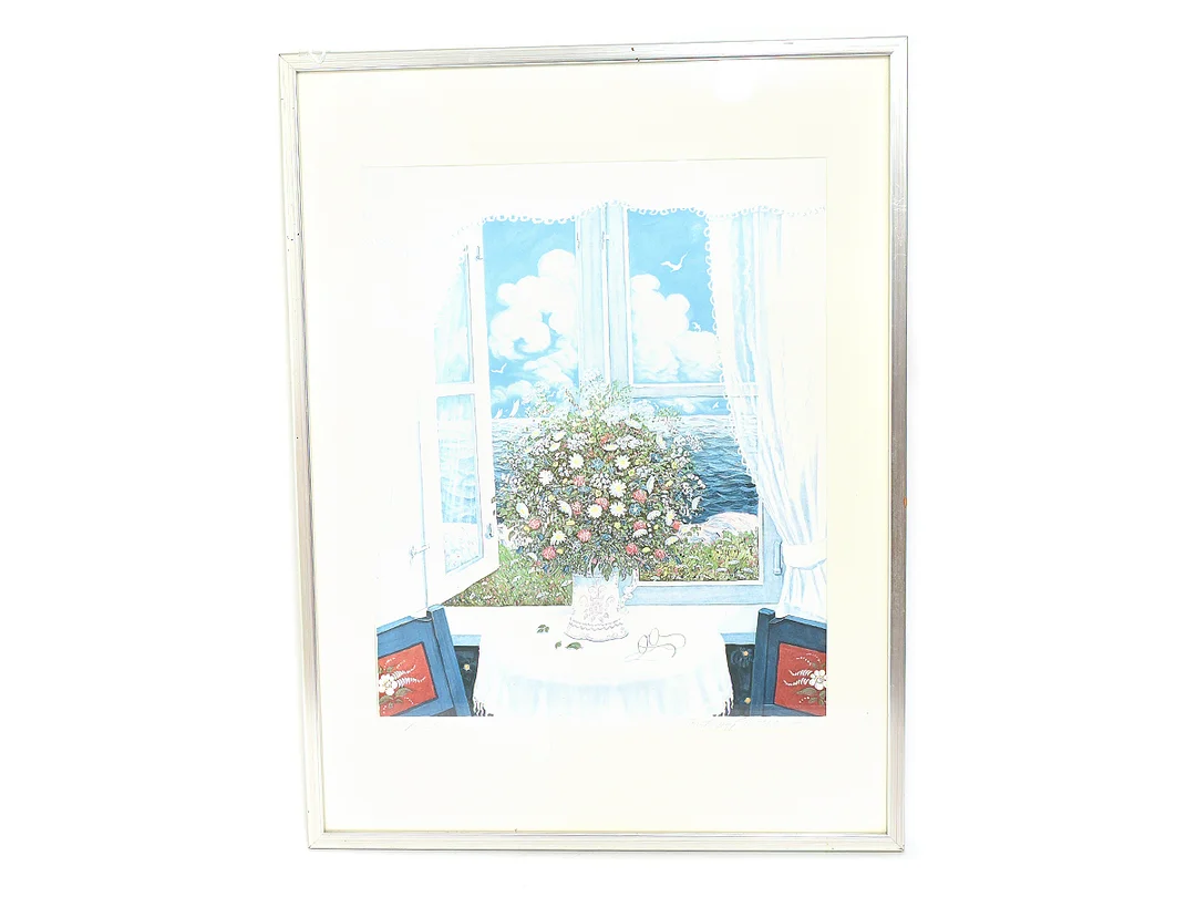 Grafiskt blad, Bert Håge Häverö, Fönstermotiv nr22/360, inramad, mått ca 44x35cm — Konst/Övrigt — Kaplans