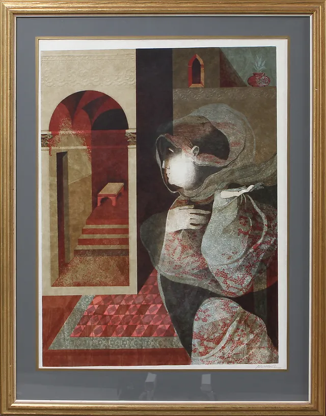 ALVAR SUNOL. Komposition med figur, färglitografi, signerad.