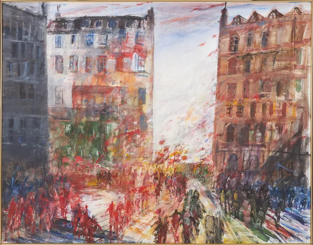 SVEN HOLM. Figurer i stadsbild, olja på duk, signerad.