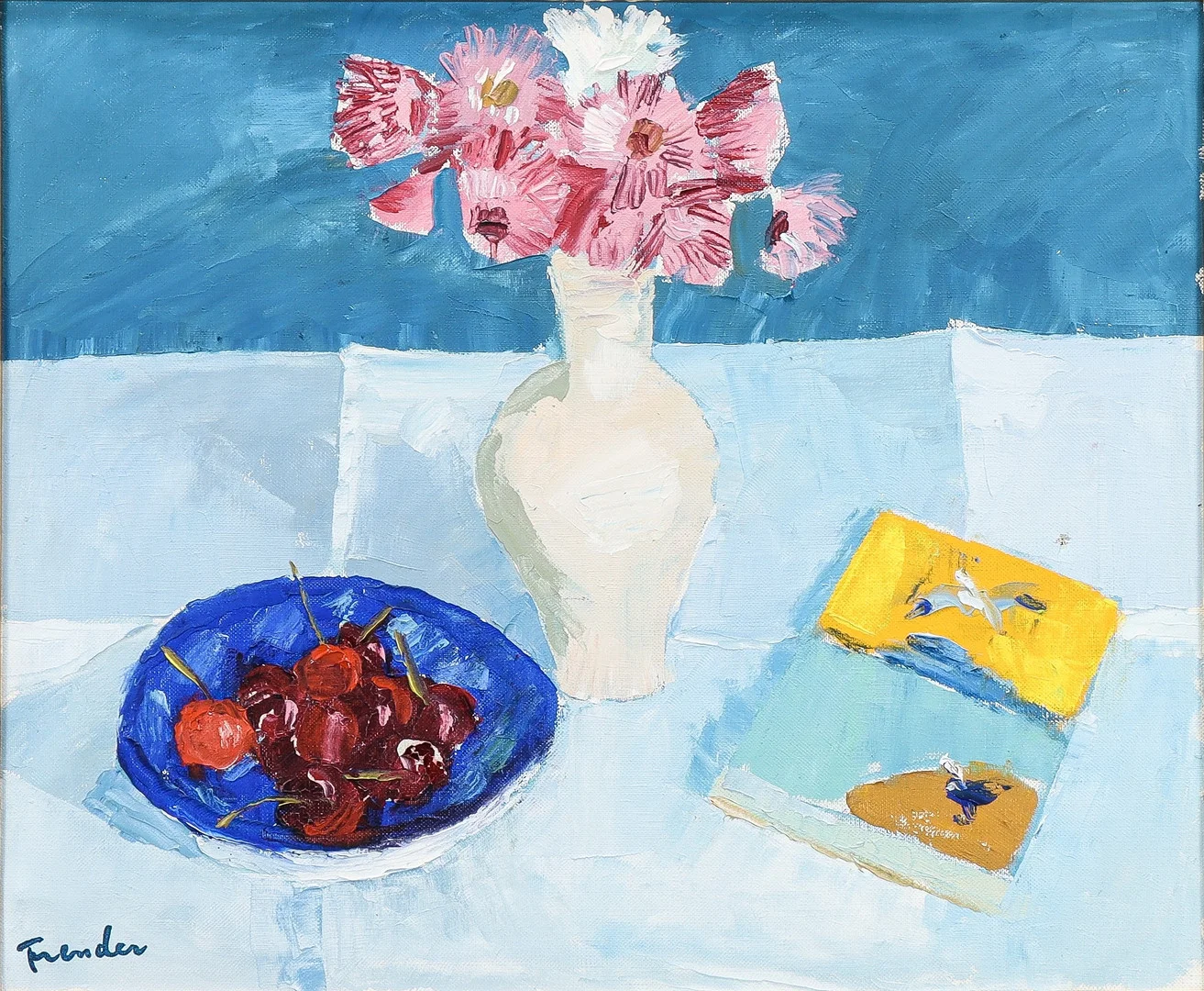 HELGE FRENDER. Stilleben med körsbär, och blommor i vas. — Paintings — Karlstad Hammarö Auktionsverk