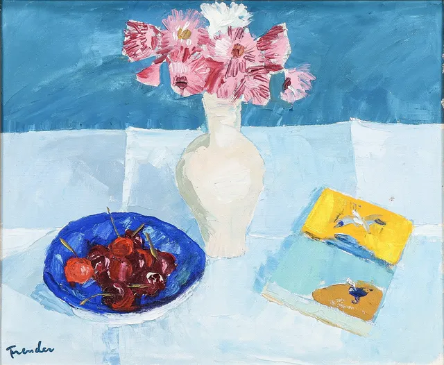 HELGE FRENDER. Stilleben med körsbär, och blommor i vas.