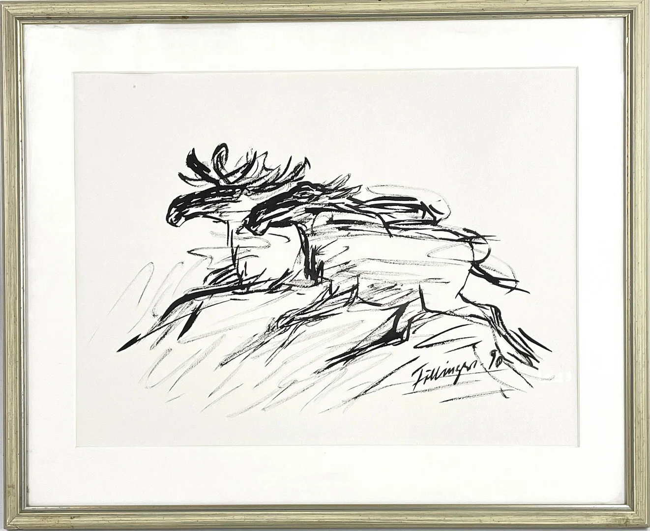 TORSTEN FÖLLINGER (1922-2010), teckning, älgar på språng, signerad samt daterad -90. — Drawings — Roslagens Auktionsverk