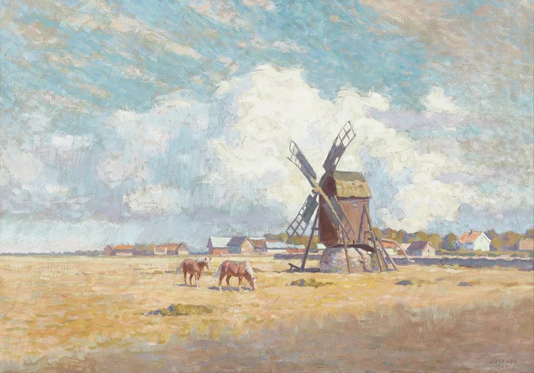 BERNHARD OSCARSSON (1894–1977), Hästar och väderkvarn, Öland, signerad och daterad 1961, olja/tempera på duk. — Paintings — Crafoord Auktioner Stockholm