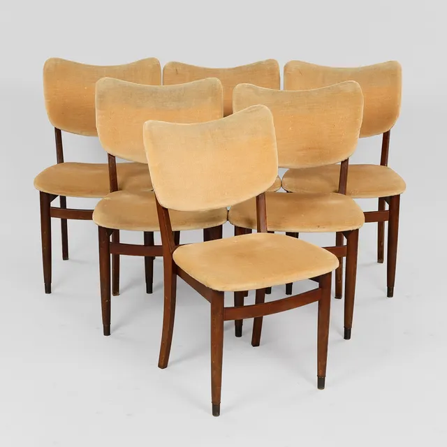 Sæt på seks stole af bejdset bøg, messing og velour. ca. 1940-1950. Danmark (6).