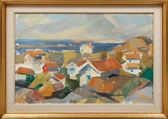 CARL GUNNE. Fiskeläge, västkusten, olja på duk, signerad.