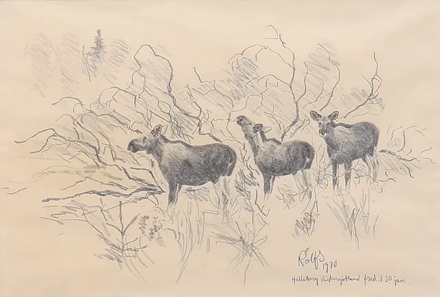 ROLF SVENSSON. 3 älgkalvar. Blyerts, signerad och daterad Halleberg, Västergötland fred. d 30 jan, 1970.