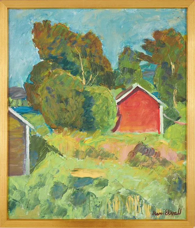 HANS EKVALL (1919-2005). Landskapsmotiv med hus, olja på duk, signerad Hans Ekvall.