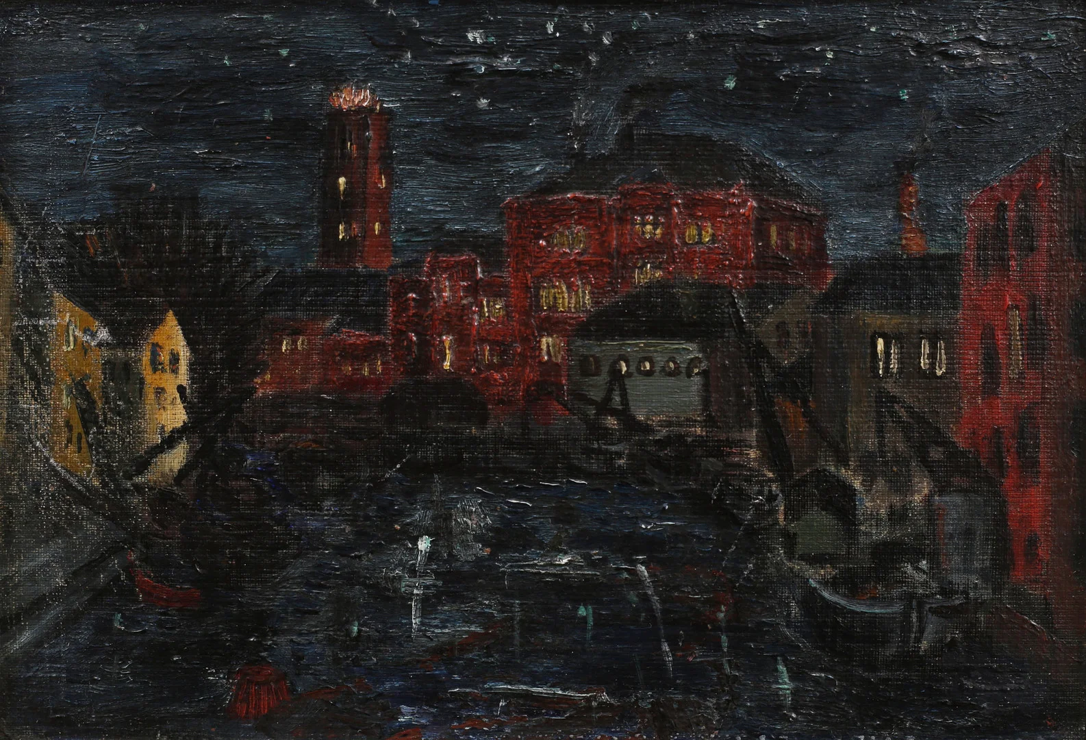 HILDING LINNQVIST (1891-1984). "Stadsbild med Serafimerlasarettet i Stockholm omkring 1919", olja på duk, signerad a tergo. — Paintings — Garpenhus Auktioner
