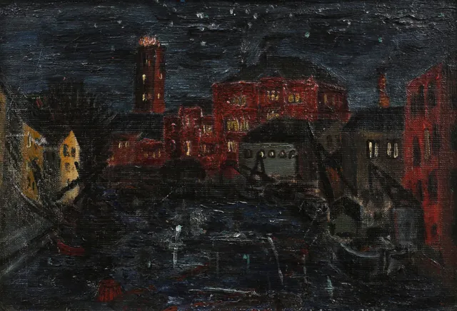 HILDING LINNQVIST (1891-1984). "Stadsbild med Serafimerlasarettet i Stockholm omkring 1919", olja på duk, signerad a tergo.