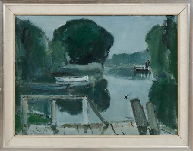ERIK LANGEMARK. "Wrängöbryggan Åslätten", olja på duk, signerad.
