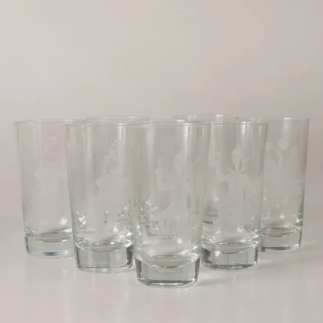 FRITZ KALLENBERG. Grogglas, 8 stycken, "Fyllegubbar", Kosta.