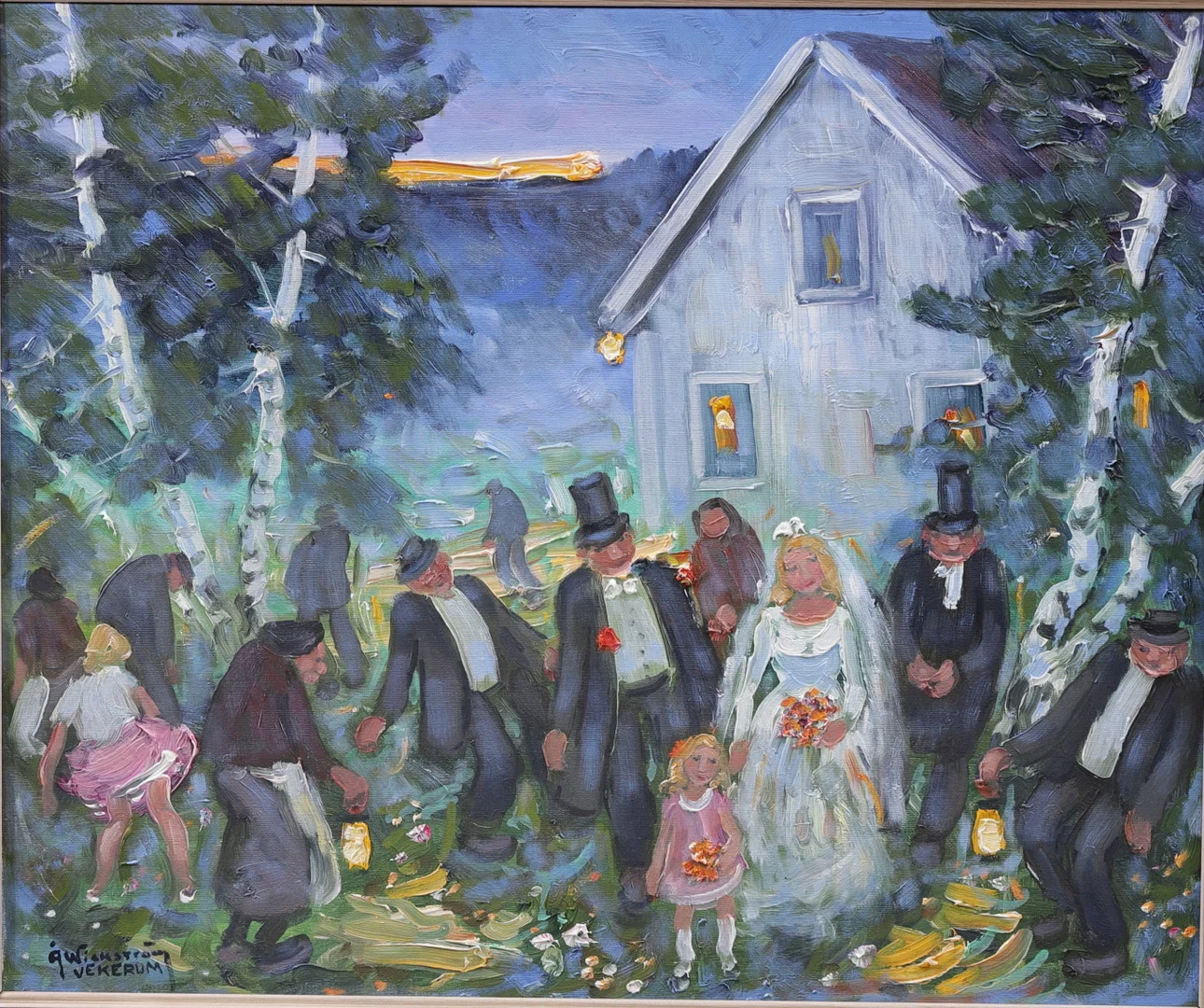 ÅKE WICKSTRÖM. "Johan i Mosen gifter sej med Lisa i Sand-torpet", olja på duk, signerad. — Paintings — Växjö Auktionskammare