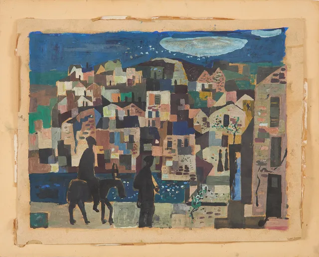 ÅKE WILHELM ANDERSSON. stadslandskap med figurer i front, blandteknik på papper, signerad samt daterad 48.