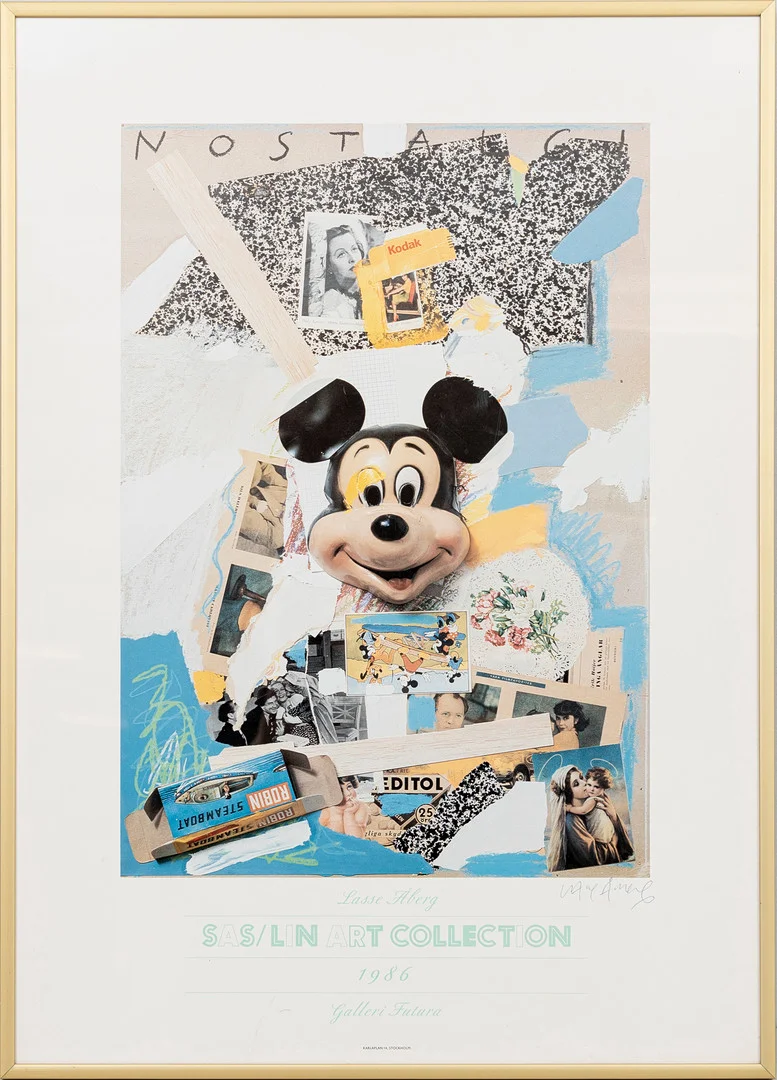 LASSE ÅBERG. Affisch, SAS/LIN ART Collection, Galleri Futura, signerad, 1986. — Engravings & Prints — Auktionshuset Kolonn