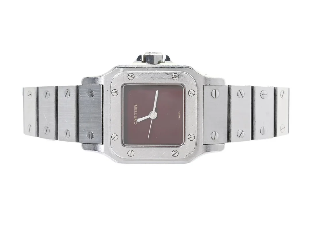 CARTIER, Santos Carrée, Cal ETA 2670, Boett nr. 090110398, damur, 24 x 24 (34,5) mm, stål, automatisk, safirglas (nagg), skadad urtavla, defekt (går ej, akut servicebehov), safir på krona saknas, integrerad originallänk, viklås, Ref nr. 151337, ca 1985, box, ytterkartong (skadad). — Klockor/Cartier — Kaplans