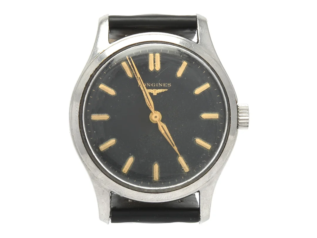 LONGINES, herrur, 35 mm, Cal 12.68ZS, Serie nr. 10826344, Boett nr. 6264 23 / 286, stål, manuell, plexiglas, skadad urtavla, läderband, ca 1958. — Klockor/Longines — Kaplans
