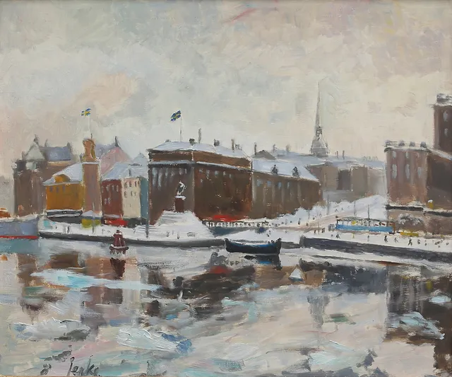 ERIK JERKEN. Stockholmsmotiv. Olja på pannå, signerad.