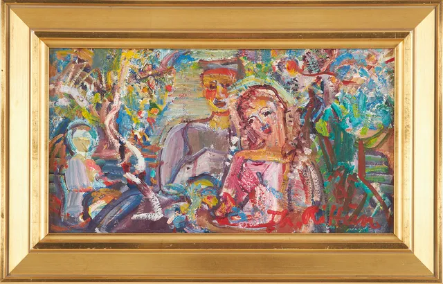 THORSTEIN RITTUN. (1929–2018 Norge), Familie i sommerhaven, olja på pannå, signerad.
