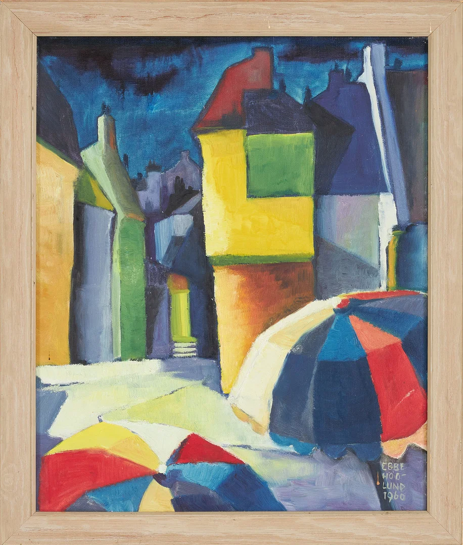 EBBE HÖGLUND. Stadsmotiv, husfasarder, olja på duk, signerad och daterad 1960. — Paintings — Stockholms Auktionsverk Sickla