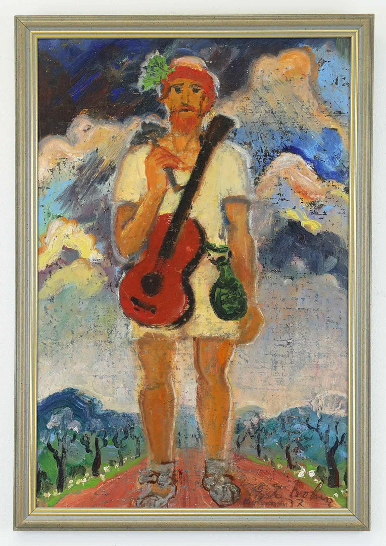 GÖSTA BOHM. Olja på pannå, "Den galne trubaduren", Böhmen, signerad, daterad 1937. — Paintings — Hälsinglands Auktionsverk