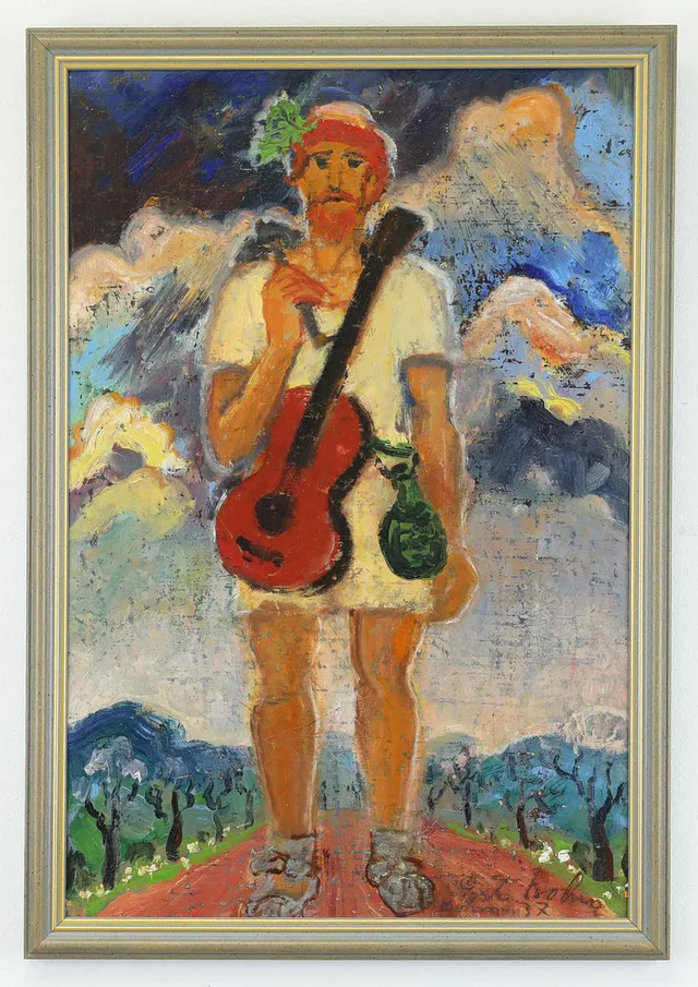 GÖSTA BOHM. Olja på pannå, "Den galne trubaduren", Böhmen, signerad, daterad 1937.