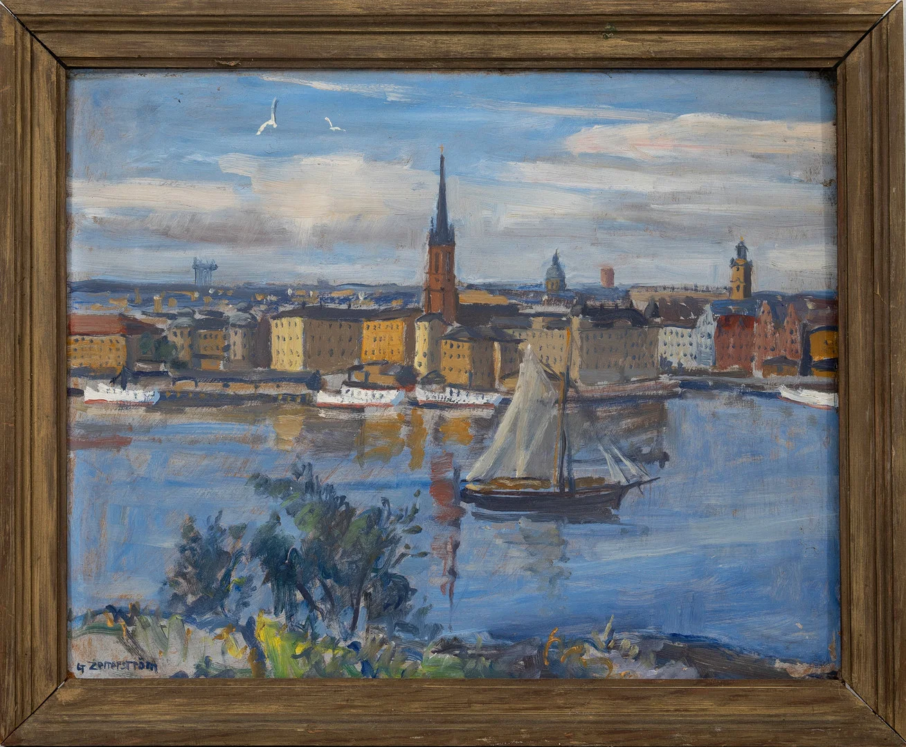 GUNNAR ZETTERSTRÖM. (1902-1965). Stockholmsvy, olja på pannå, signerad. — Paintings — Auktionshuset Kolonn