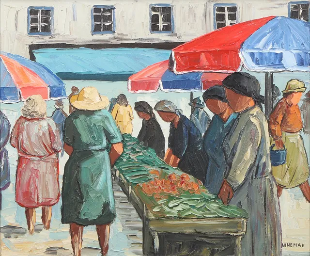 BORIS NINEMAE. Oljemålning på duk. "Torg-dag". Signerad.