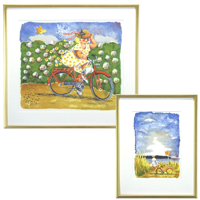 ANNICA UNNARYD SCHÖNHULT. Litografier, 2 st, 195/225 och 188/225, dam med cykel, signerade.