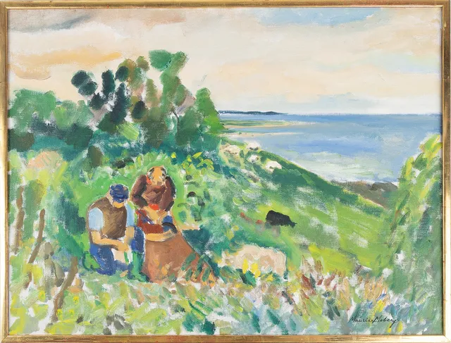 MAURICE MOBERG (1923-2014). "Pumpen lagas", Vy över Hallands Väderö / Ingelstorp, olja på duk, signerad samt daterad a tergo -90.