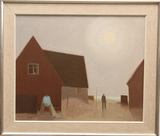FABIAN LUNDQVIST. Olja på duk, Män vid hus, signerad.