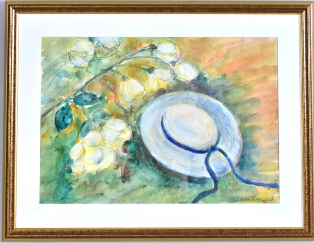 ELISABETH HOLMQUIST. akvarell, stilleben med hatt, stilleben.