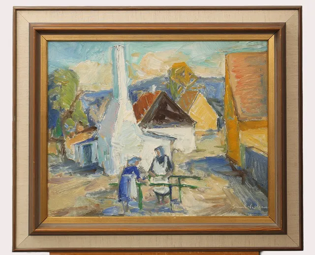 SVEND NIELSEN. Olja på duk, "Sillrökeri", signerad, Bornholm 1975.