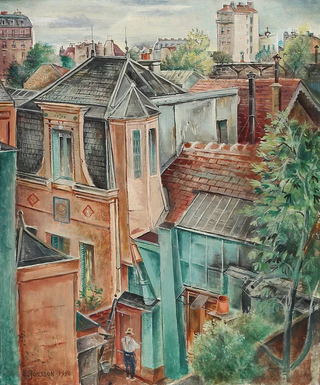 ERIK JÖNSSON. olja på pannå, "Parisisk förstadsidyll", signerad och daterad 1926.