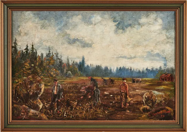 GÖSTA YDSTRÖM (1861-1952). Potatisskörd i höstlandskap, olja på duk uppklistrad på pannå.