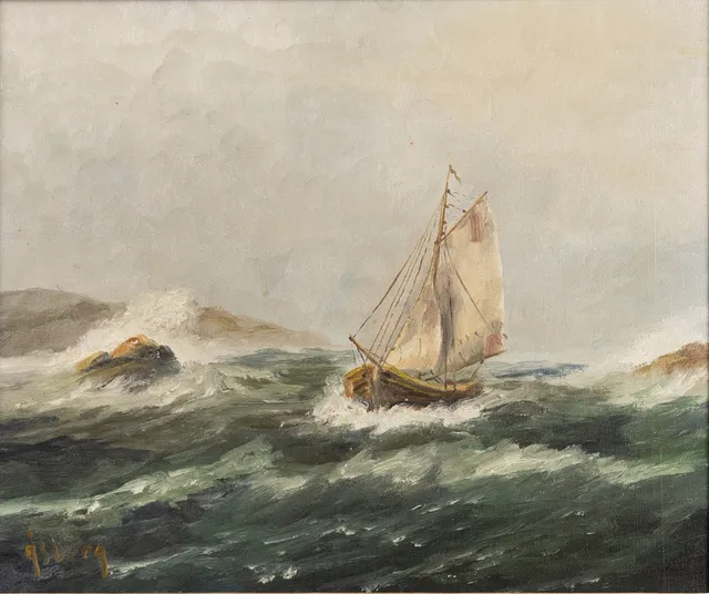 ALLAN ÅSBERG. Olja på duk, segelbåt i stormig sjö, signerad.