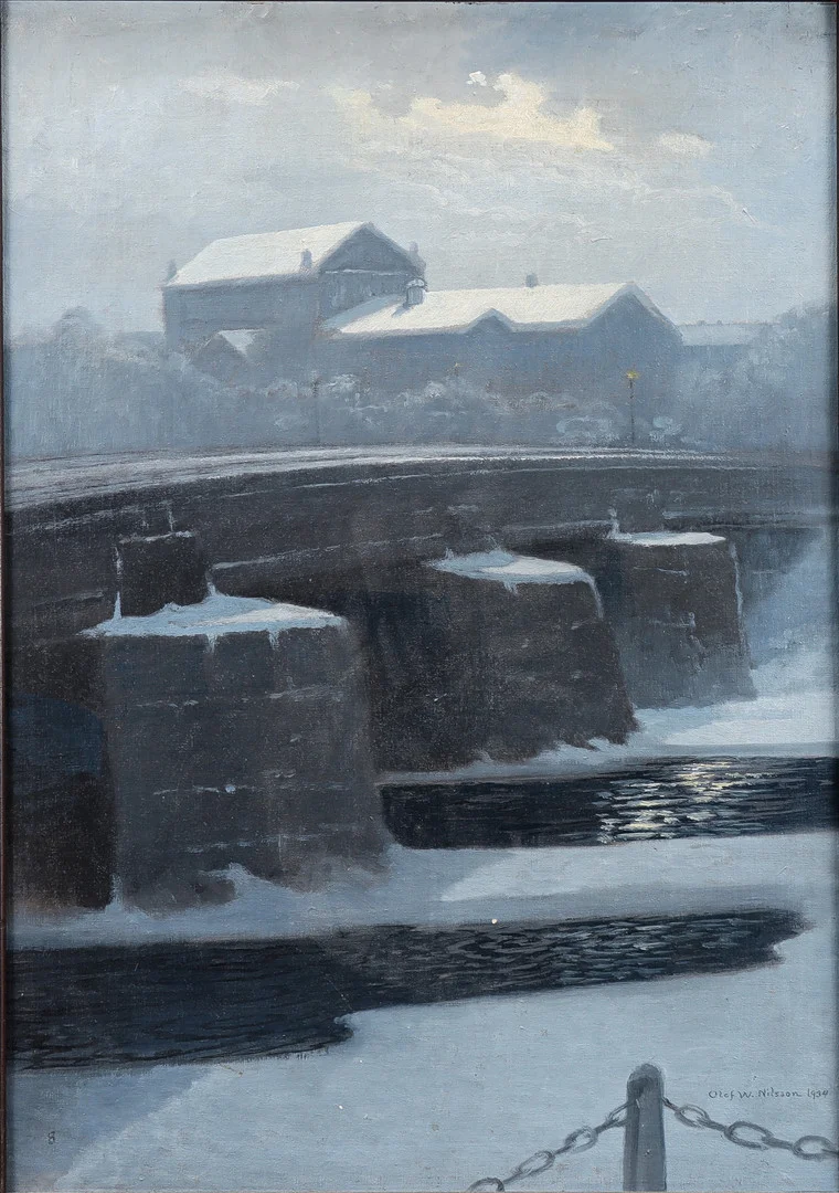 OLOF WALFRID NILSSON. "Vestra Bron (Månsken)" Motiv från Karlstad. — Paintings — Karlstad Hammarö Auktionsverk